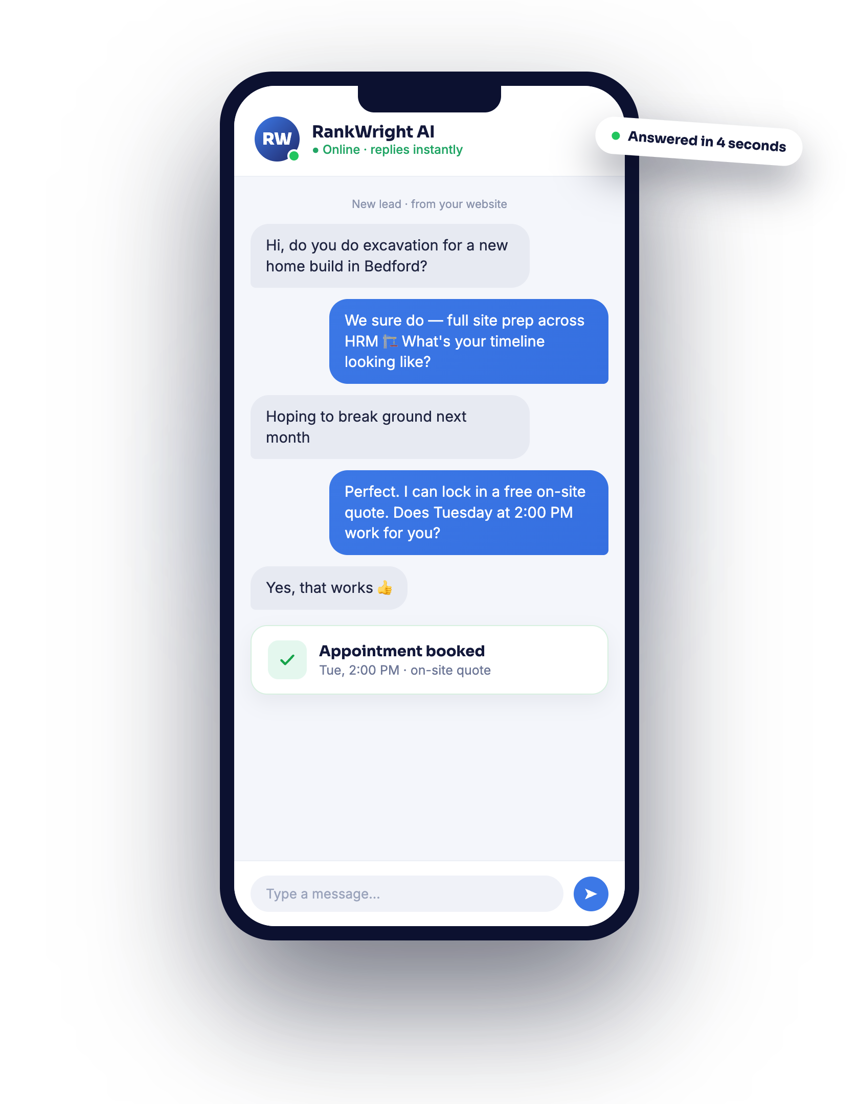 RankWright automated lead response booking a contractor appointment