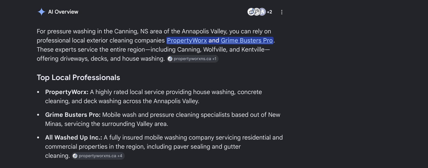 PropertyWorx named first in Google's AI Overview for pressure washing in the Annapolis Valley