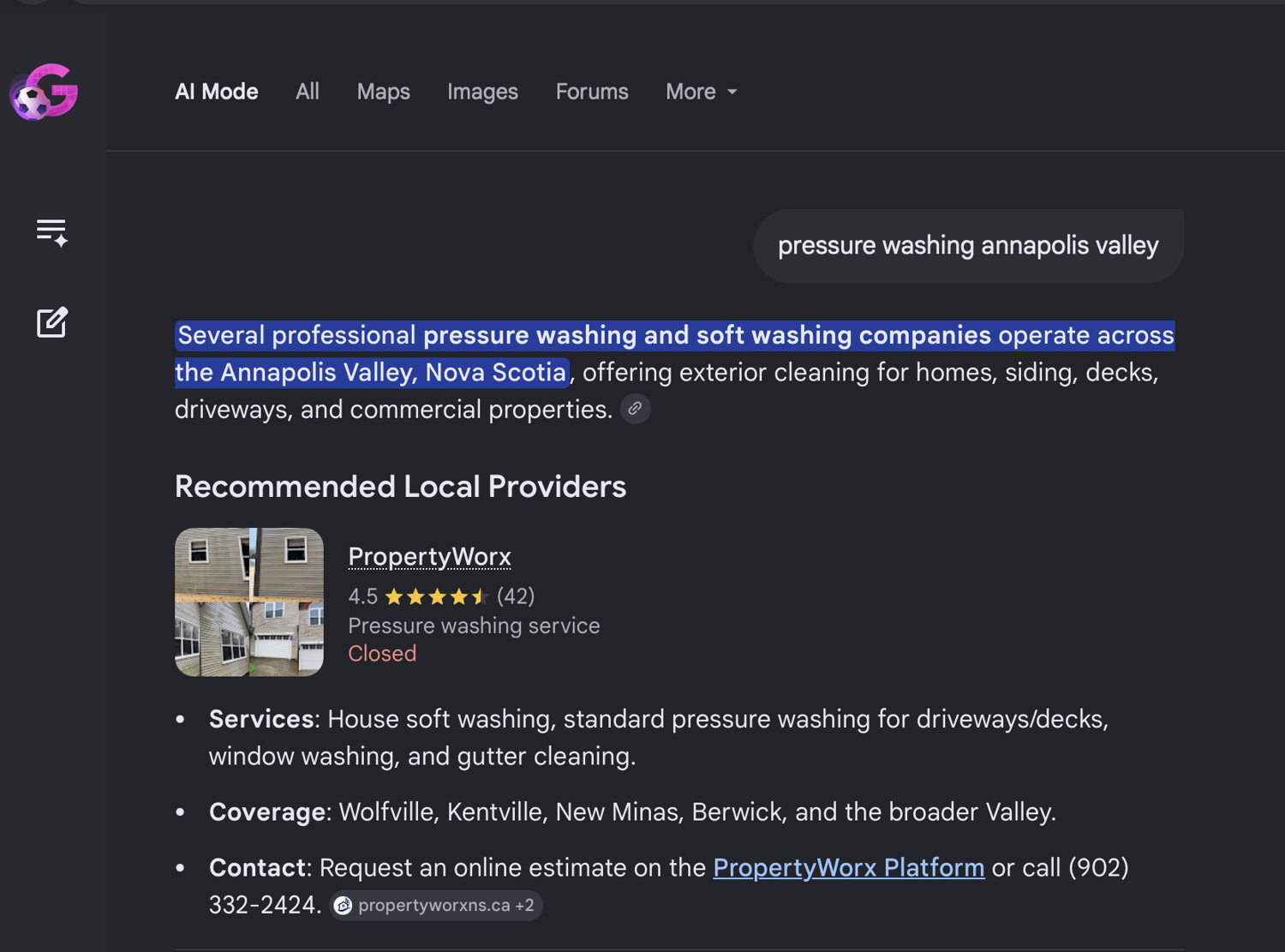 PropertyWorx recommended by Google's AI for pressure washing in the Annapolis Valley